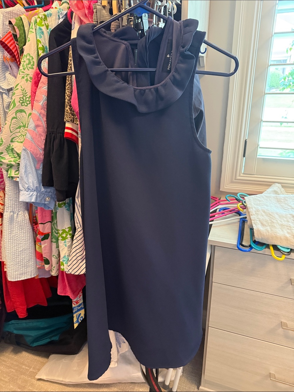 Pomander Place Navy Asymmetrical Ruffle-Neck Dress